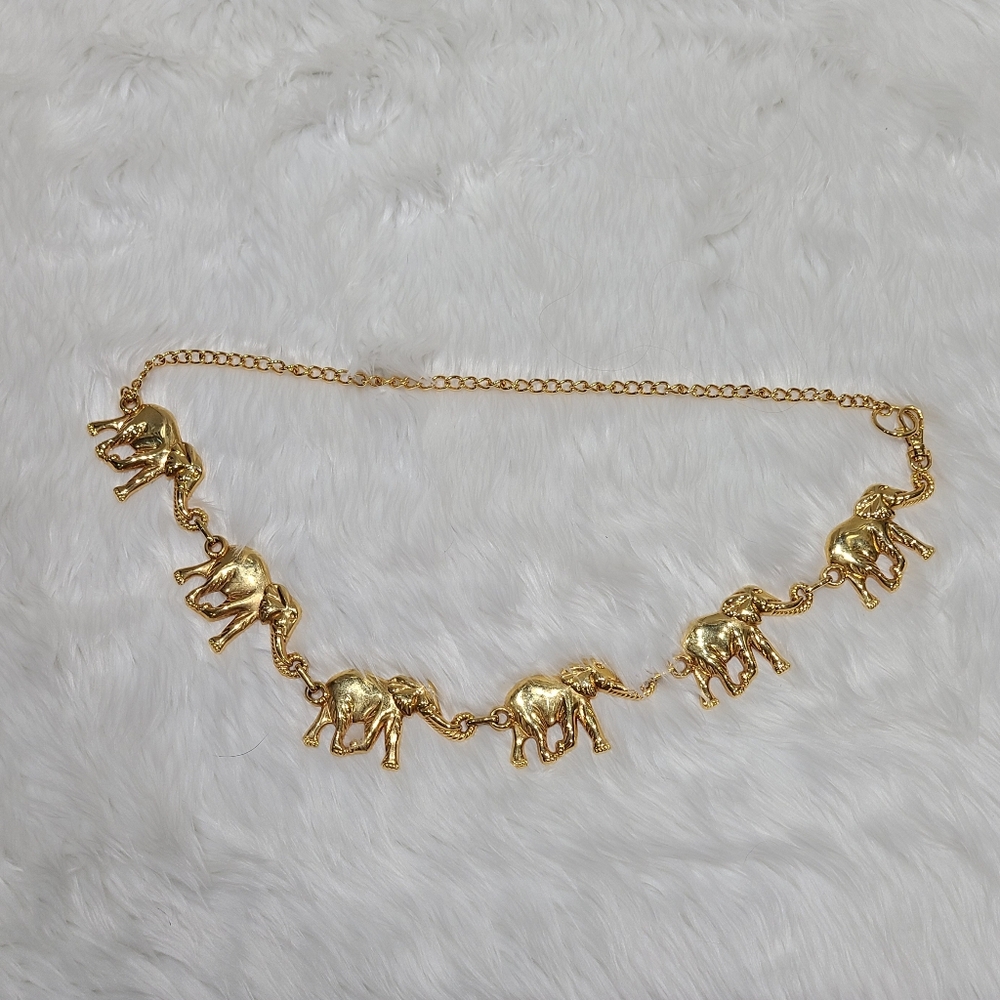 Vintage signed Ni 97 Elephants gold tone chain adjustable belt
